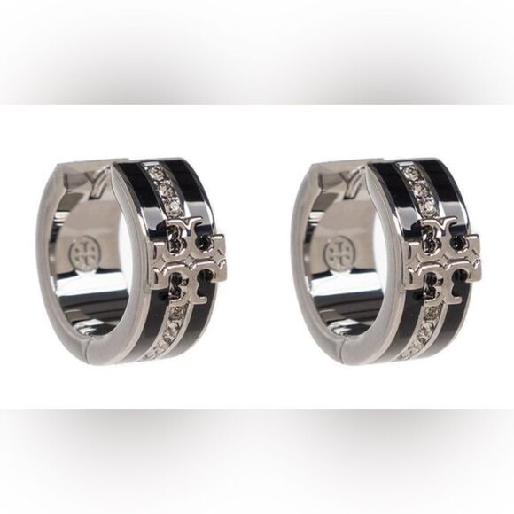 Tory Burch Kira Black and Silver Crystal Hoop Earrings - Picture 1 of 4